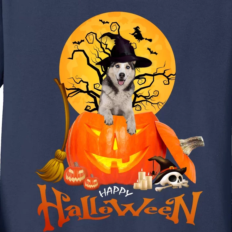 Funny Husky Dog Spooky Halloween Kids Long Sleeve Shirt