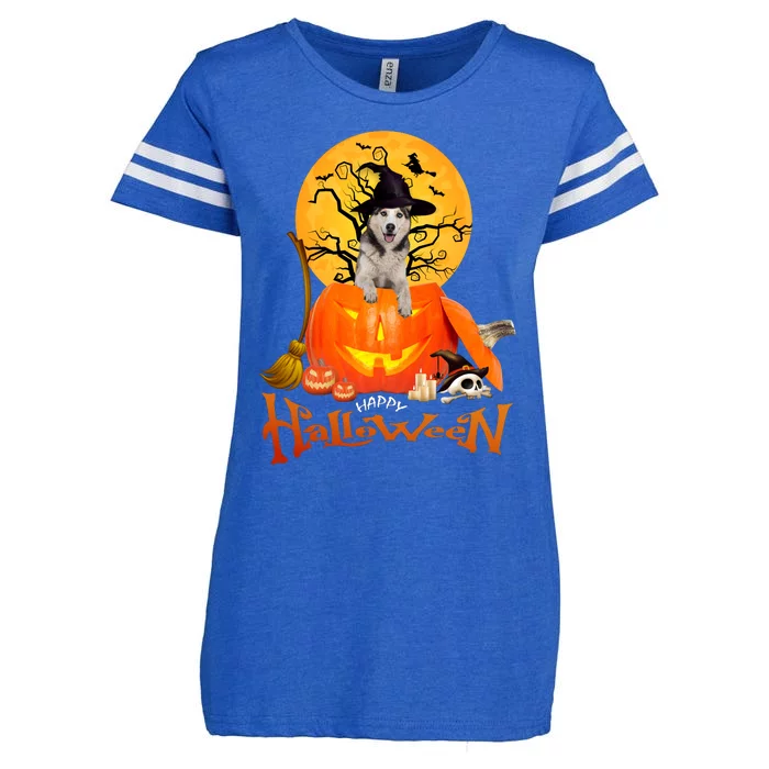 Funny Husky Dog Spooky Halloween Enza Ladies Jersey Football T-Shirt