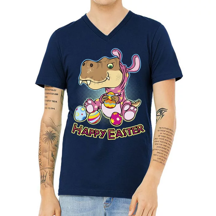 Funny Happy Easter Dinosaur Easter Bunny Costume V-Neck T-Shirt