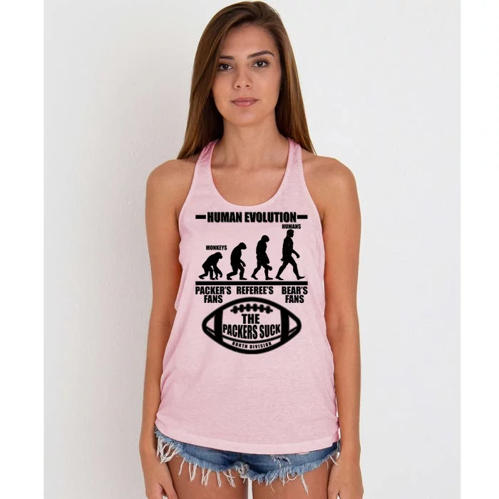 Funny Human Evolution Football Fan Women's Knotted Racerback Tank