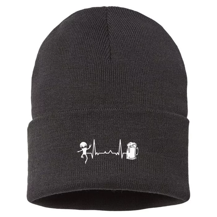 funny Heartbeat EKG Extraterrestrial Alien Sustainable Knit Beanie