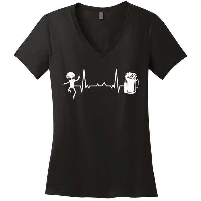 funny Heartbeat EKG Extraterrestrial Alien Women's V-Neck T-Shirt