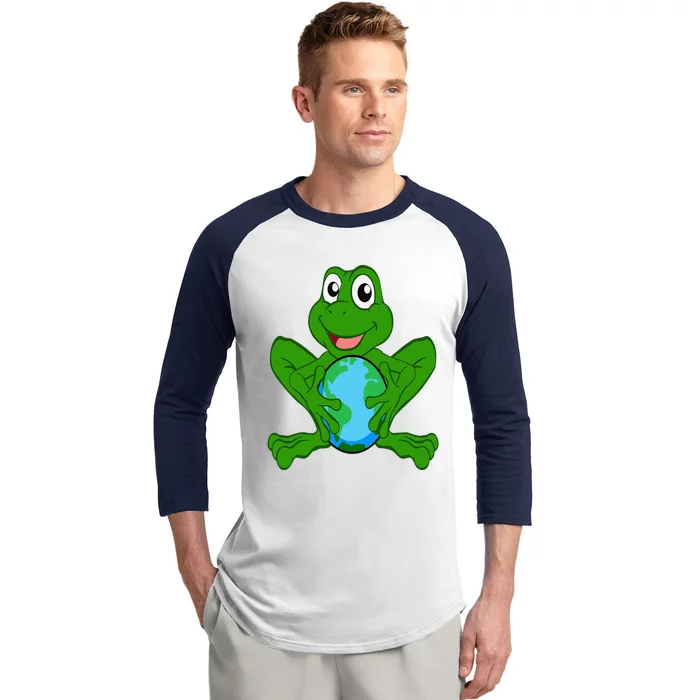 Frog Holding Earth Day Cute Animal Save The Planet Baseball Sleeve Shirt