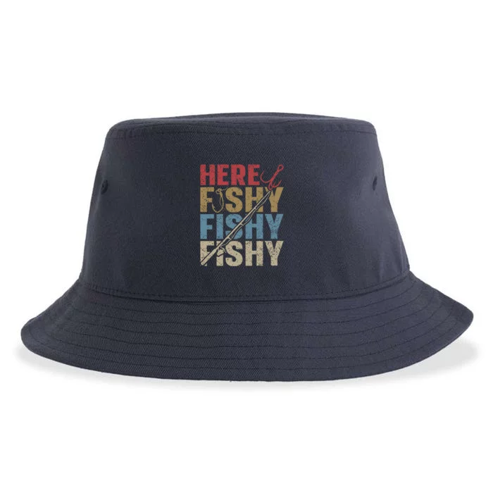 Funny Here Fishy Fishing Shirt_ Bass Fish Dad Sustainable Bucket Hat