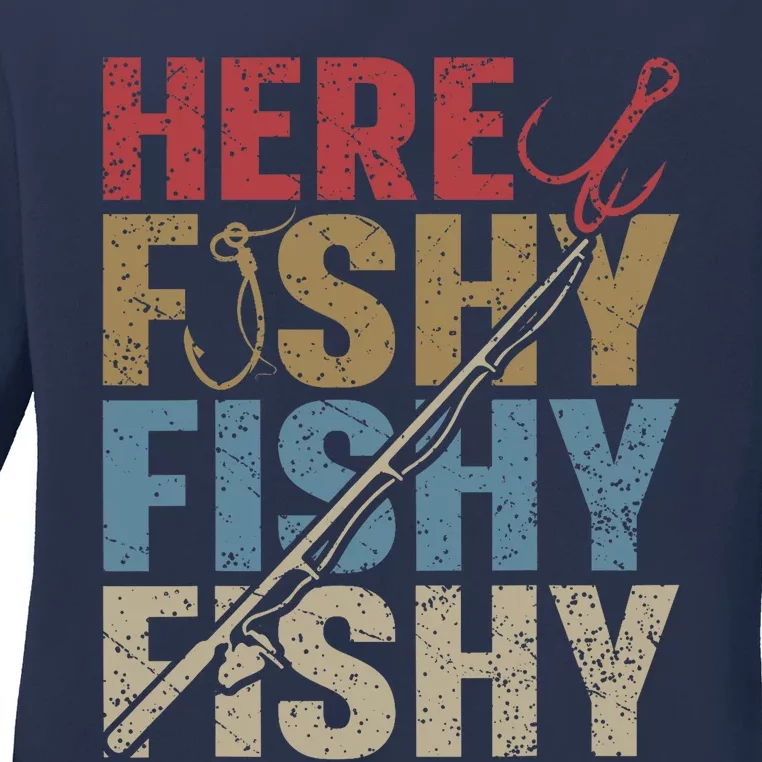 Funny Here Fishy Fishing Shirt_ Bass Fish Dad Ladies Long Sleeve Shirt