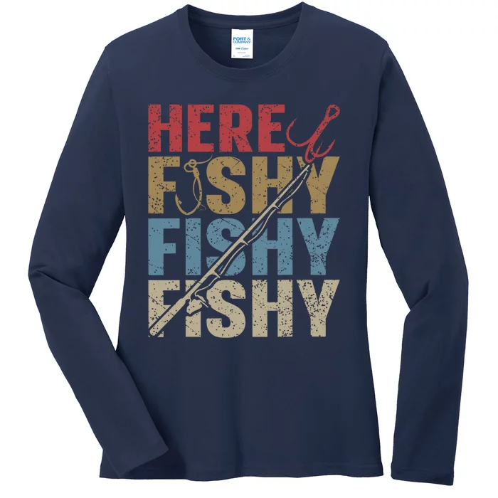 Funny Here Fishy Fishing Shirt_ Bass Fish Dad Ladies Long Sleeve Shirt