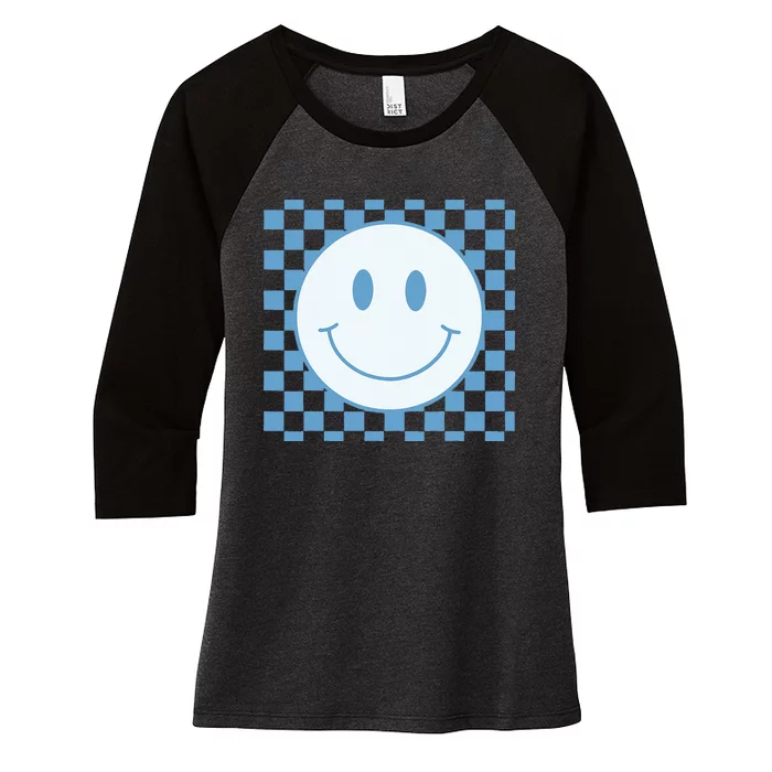 Funny Happy Face Checkered Pattern Smile Face Meme Women's Tri-Blend 3/4-Sleeve Raglan Shirt