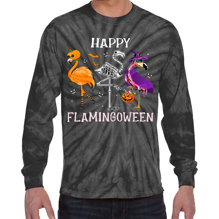 Flamingoween Halloween Flamingo Costume Skeleton Witch Tie-Dye Long Sleeve Shirt