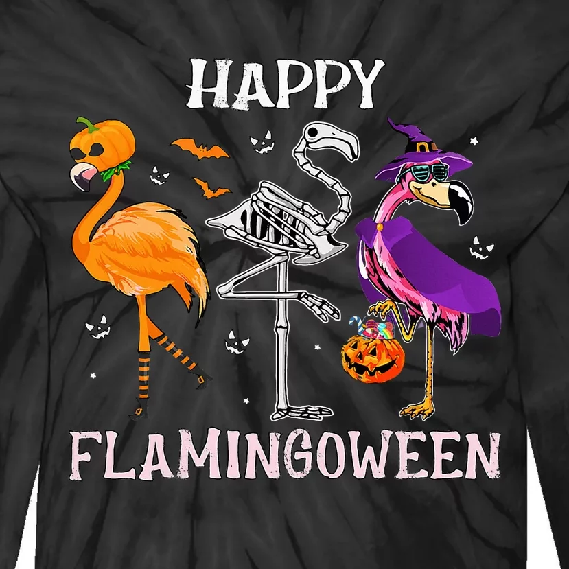 Flamingoween Halloween Flamingo Costume Skeleton Witch Tie-Dye Long Sleeve Shirt