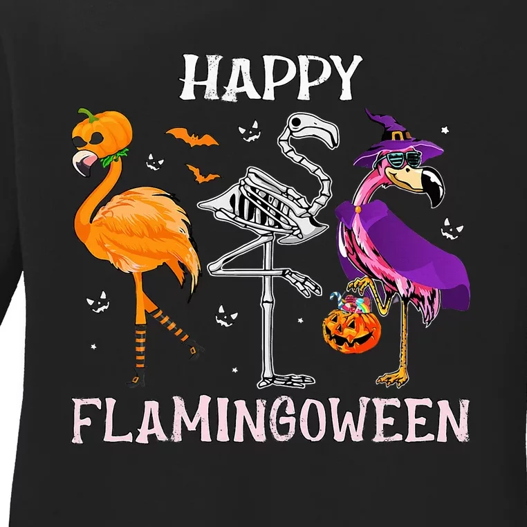 Flamingoween Halloween Flamingo Costume Skeleton Witch Ladies Long Sleeve Shirt