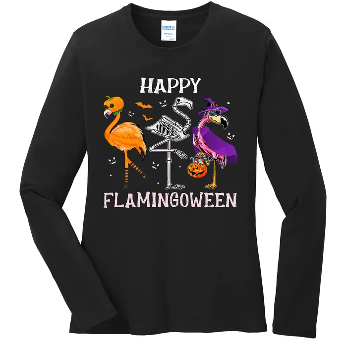 Flamingoween Halloween Flamingo Costume Skeleton Witch Ladies Long Sleeve Shirt