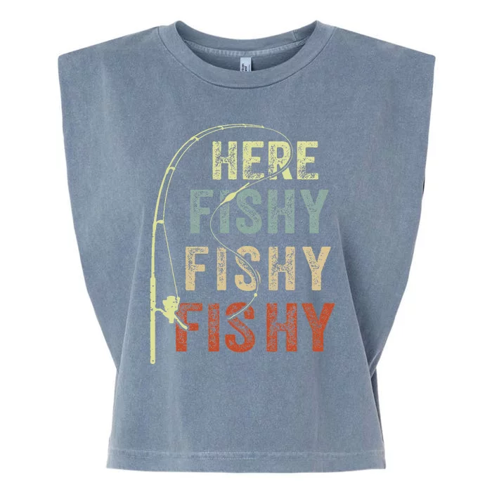 Fishing Here Fishy Bass Fish Funny Garment-Dyed Women's Muscle Tee