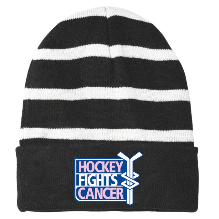 funny Hockey Fights Cancer awareness Striped Beanie with Solid Band