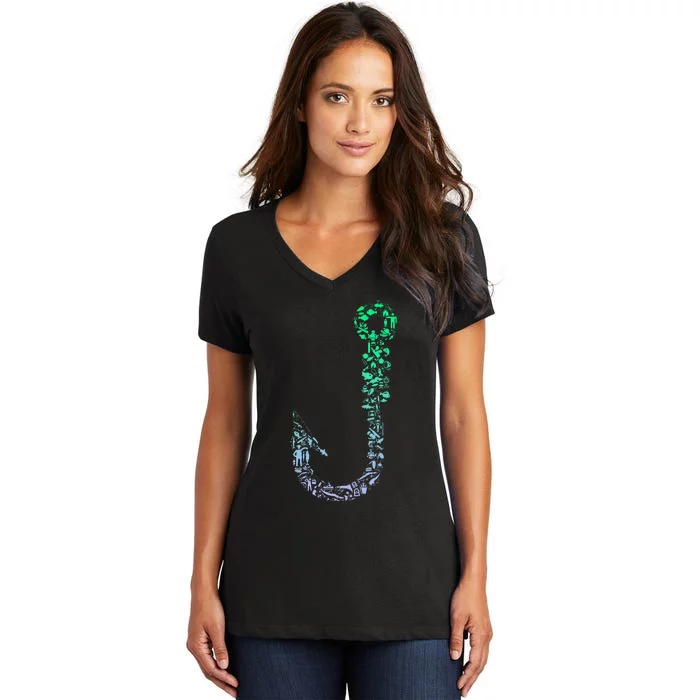 Fish Hook For Fishermen Fishing Icons Fishing Women's V-Neck T-Shirt