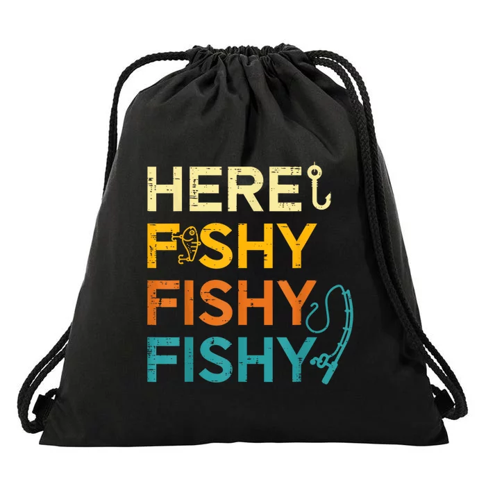 Fishing Here Fishy Retro Fish Lover Fisherman Drawstring Bag