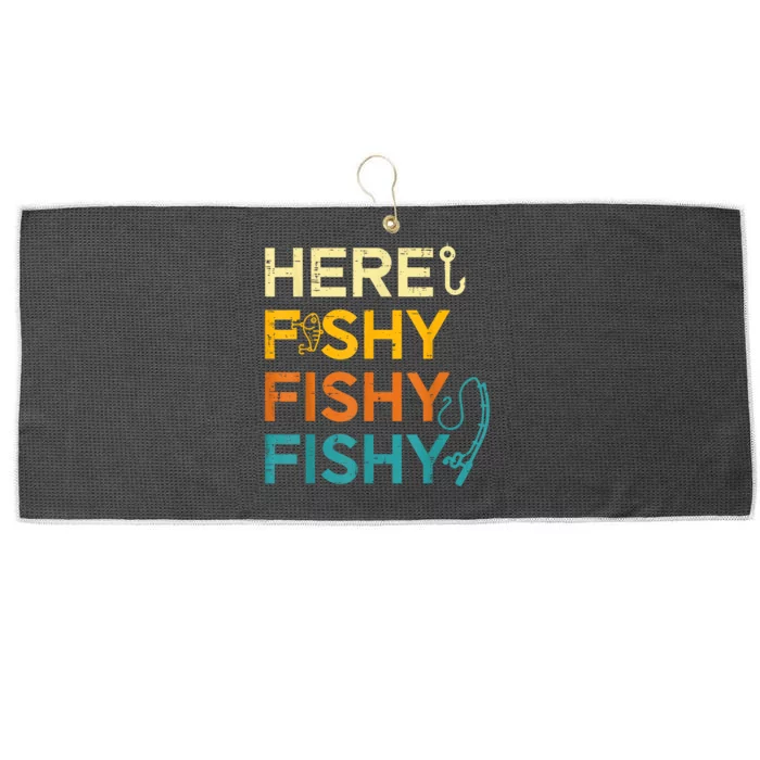 Fishing Here Fishy Retro Fish Lover Fisherman Large Microfiber Waffle Golf Towel