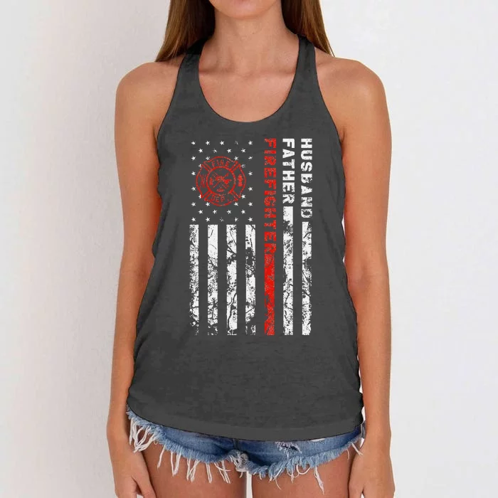 Firefighter Husband Father Fireman Fathers Day gift for Dad Women's Knotted Racerback Tank