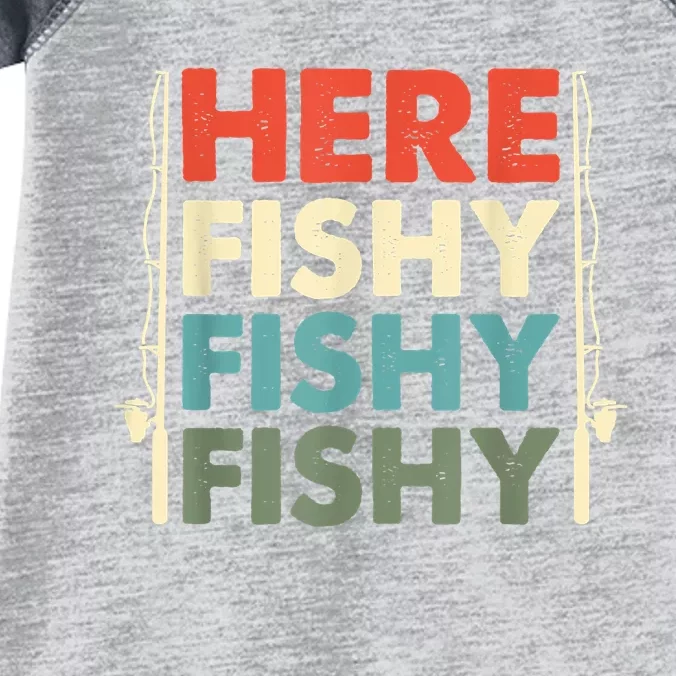 Funny Here Fishy Fishy Fishy Shirt Fish Hunting Fishing Fishrod Fisherman Infant Baby Jersey Bodysuit