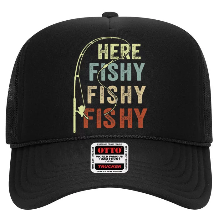 FishingShirt Here Fishy Bass Fish Funny High Crown Mesh Trucker Hat