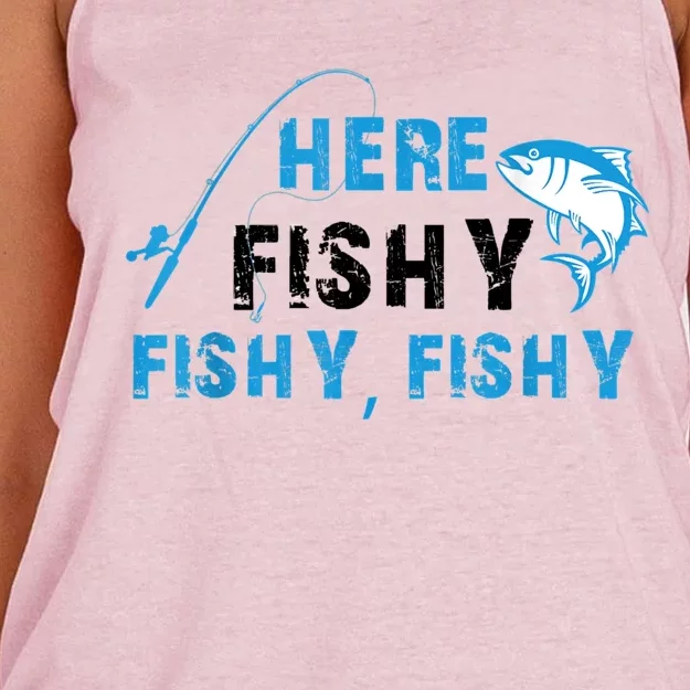 Funny Here Fishy Fishy Fishy Shirt Fish Hunting Fishing Fishrod Fisherman Women's Knotted Racerback Tank