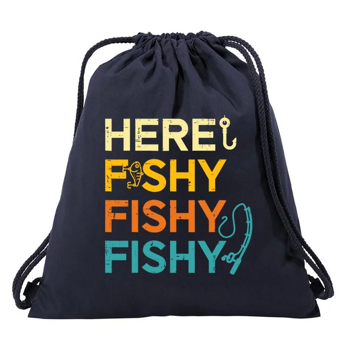 Fishing Here Fishy Retro Fish Lover Fisherman Drawstring Bag