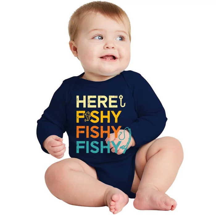 Fishing Here Fishy Retro Fish Lover Fisherman Baby Long Sleeve Bodysuit