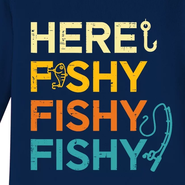 Fishing Here Fishy Retro Fish Lover Fisherman Baby Long Sleeve Bodysuit