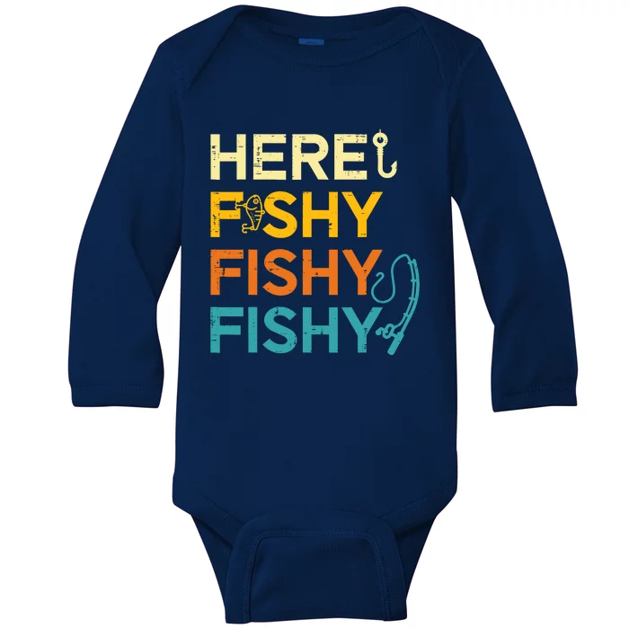 Fishing Here Fishy Retro Fish Lover Fisherman Baby Long Sleeve Bodysuit