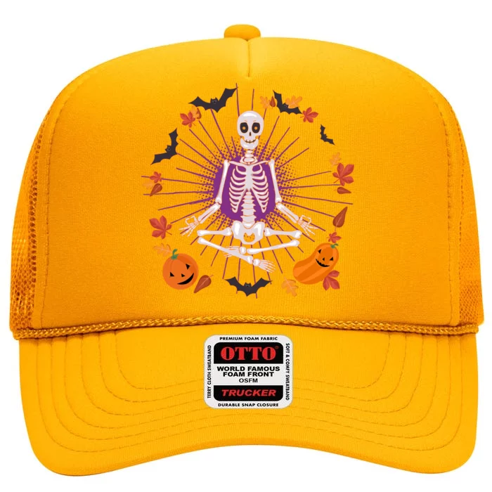 Funny Halloween Fall Autumn Namaste Yoga Skeleton High Crown Mesh Trucker Hat