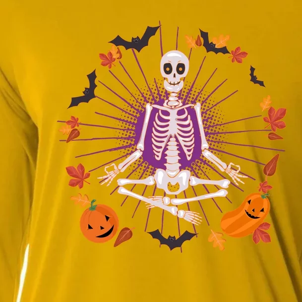 Funny Halloween Fall Autumn Namaste Yoga Skeleton Cooling Performance Long Sleeve Crew