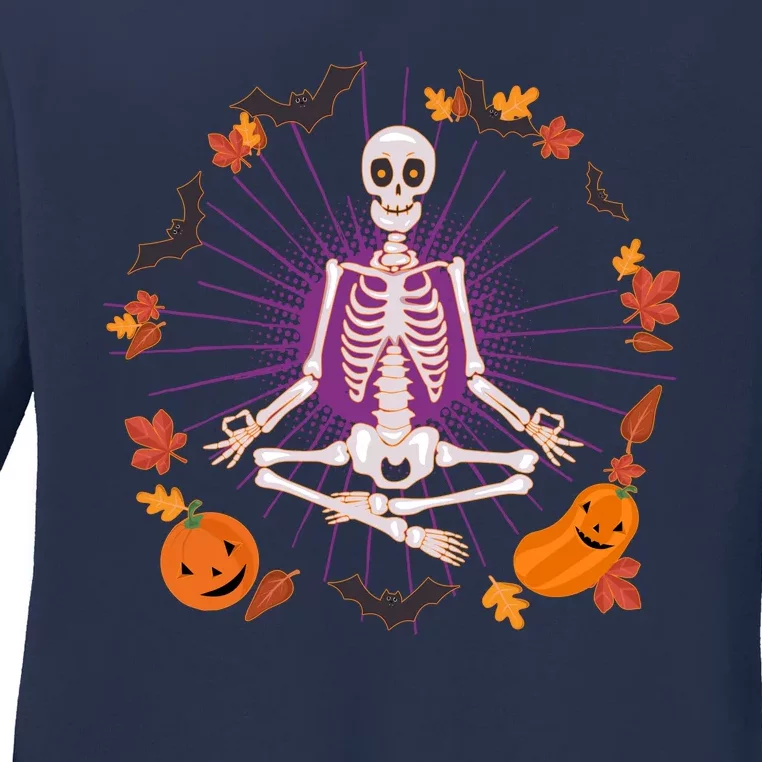 Funny Halloween Fall Autumn Namaste Yoga Skeleton Ladies Long Sleeve Shirt