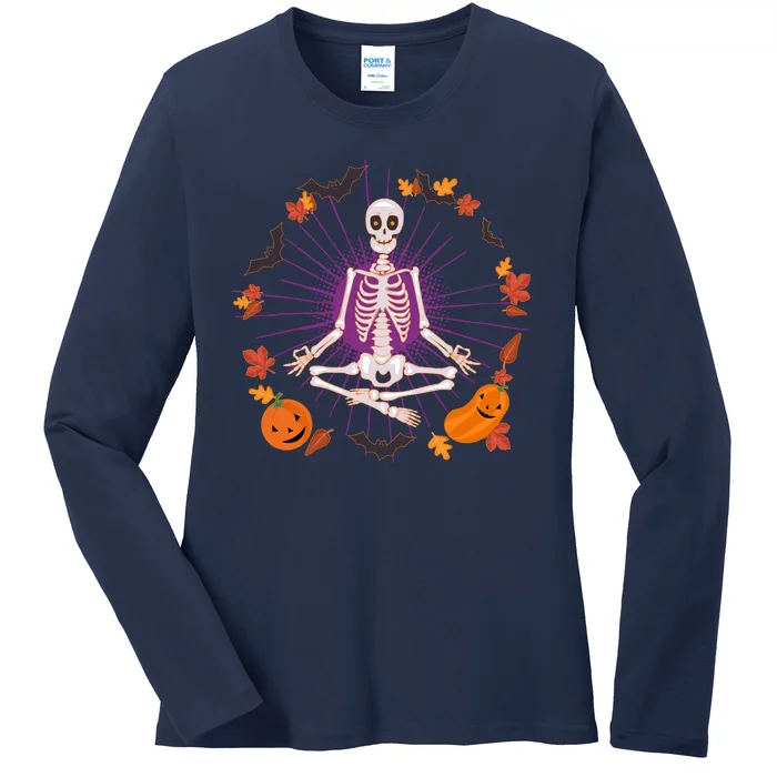 Funny Halloween Fall Autumn Namaste Yoga Skeleton Ladies Long Sleeve Shirt