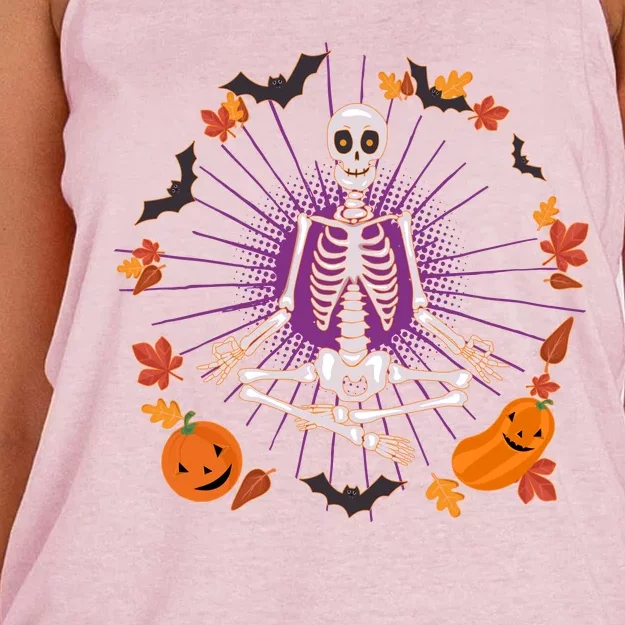 Funny Halloween Fall Autumn Namaste Yoga Skeleton Women's Knotted Racerback Tank