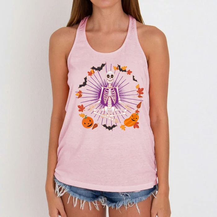 Funny Halloween Fall Autumn Namaste Yoga Skeleton Women's Knotted Racerback Tank