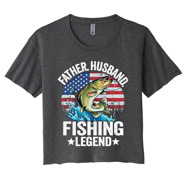 Father Husband Fishing Legend American Flag Dad Fishing Gift Women's Crop Top Tee