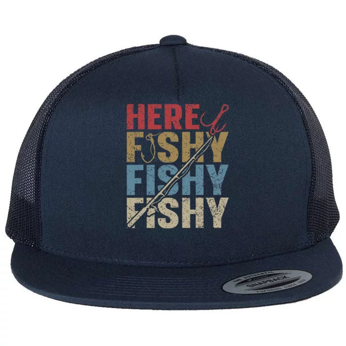 Funny Here Fishy Fishing Bass Fish Dad Flat Bill Trucker Hat