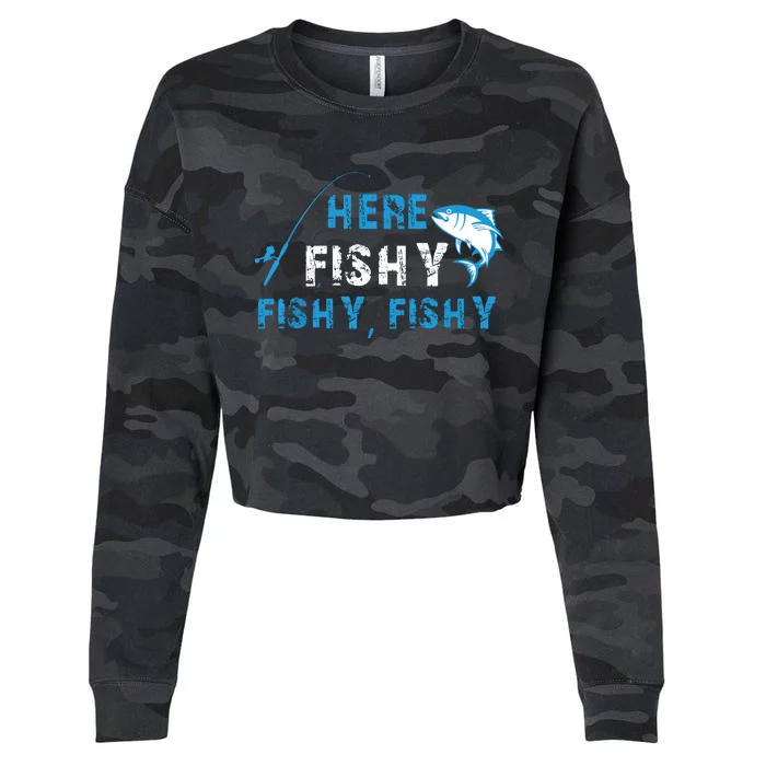 Fishing Here Fishy Bass Fish Gift Women Funny Cropped Pullover Crew