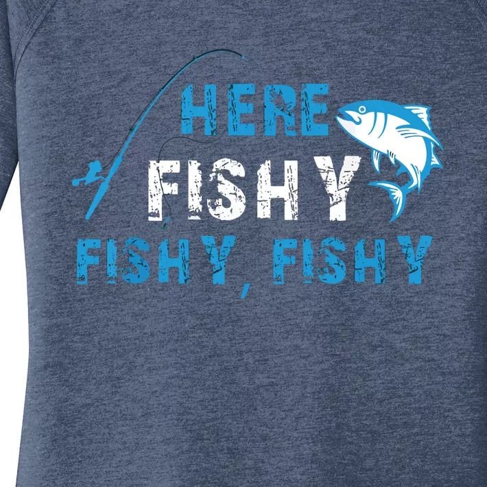 Fishing Here Fishy Bass Fish Gift Women Funny Women's Perfect Tri Tunic Long Sleeve Shirt