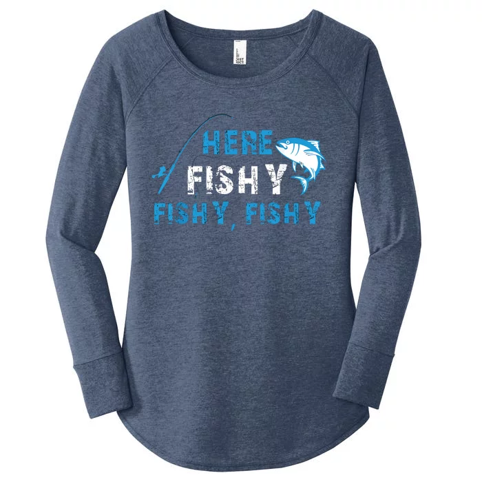 Fishing Here Fishy Bass Fish Gift Women Funny Women's Perfect Tri Tunic Long Sleeve Shirt