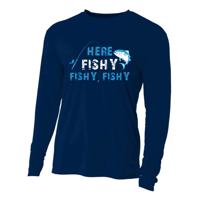 Fishing Here Fishy Bass Fish Gift Women Funny Cooling Performance Long Sleeve Crew