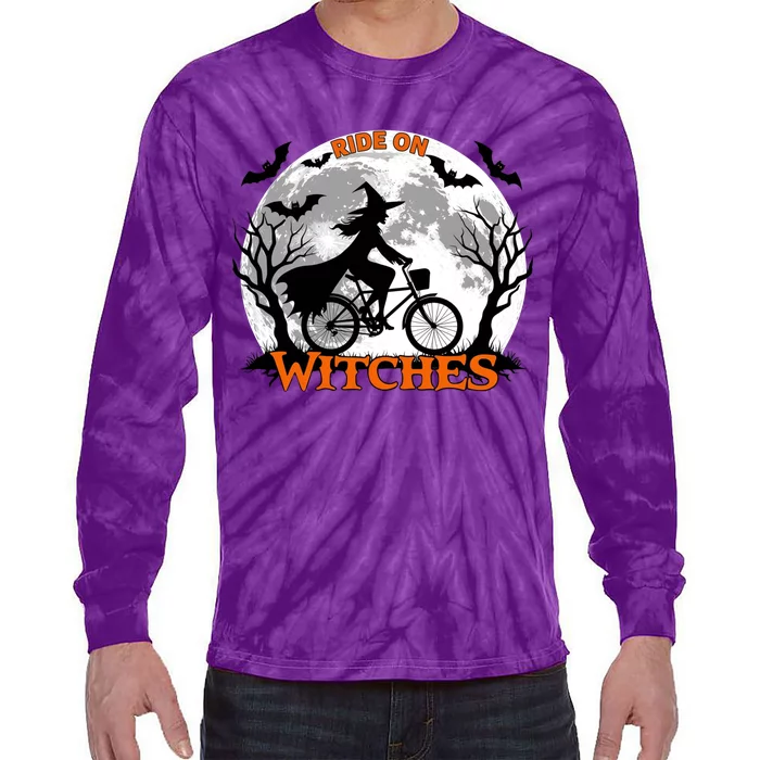 Funny Halloween Full Moon Ride: Witches Cycling Bike Tie-Dye Long Sleeve Shirt