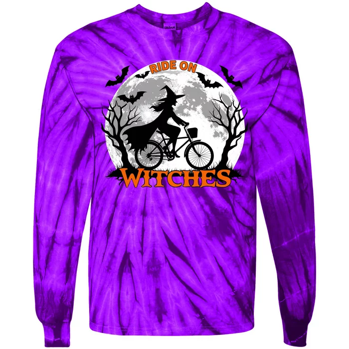 Funny Halloween Full Moon Ride: Witches Cycling Bike Tie-Dye Long Sleeve Shirt