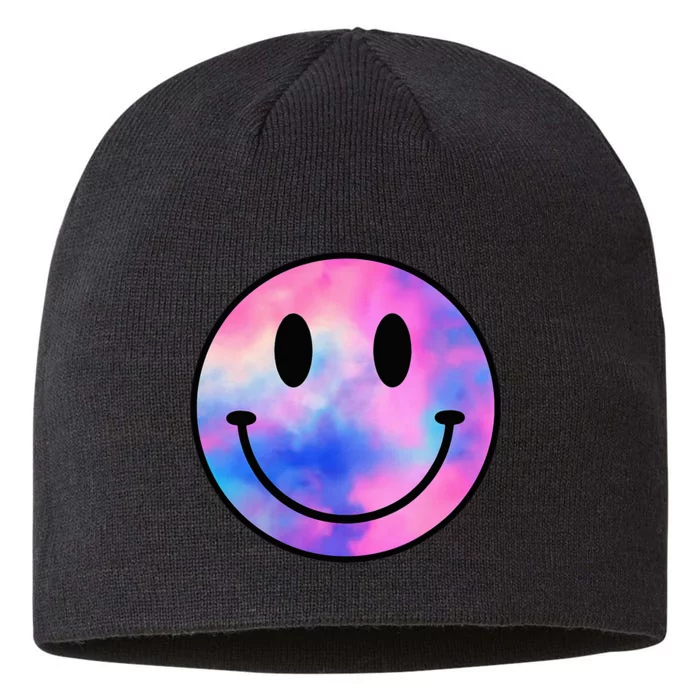 Funny Happy Face Tie Dye Smile Face Meme Trendy 8 1/2in Sustainable Knit Beanie