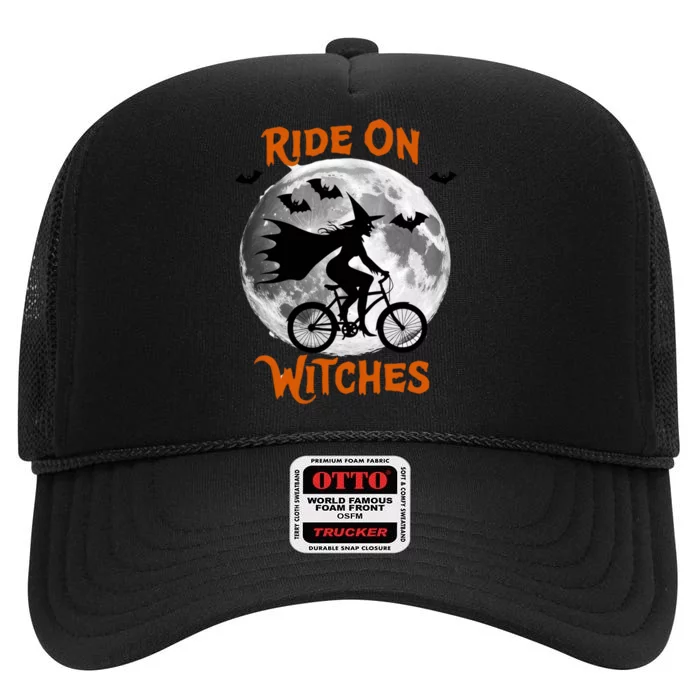 Funny Halloween Full Moon Ride: Witches Cycling Bike High Crown Mesh Trucker Hat