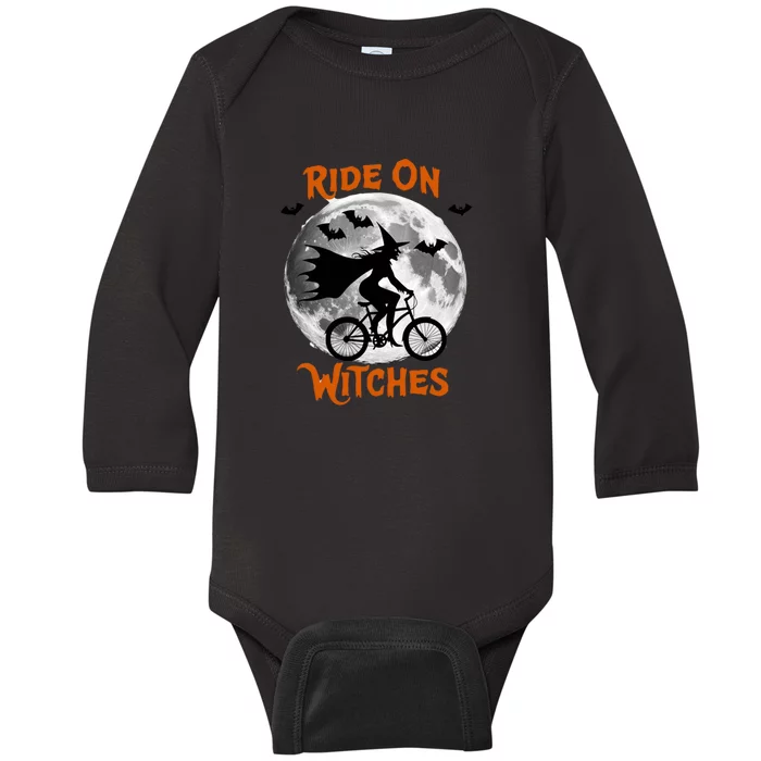 Funny Halloween Full Moon Ride: Witches Cycling Bike Baby Long Sleeve Bodysuit