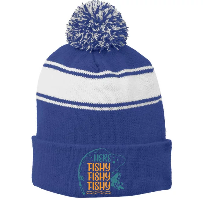 Fishing Here Fishy Gift Stripe Pom Pom Beanie