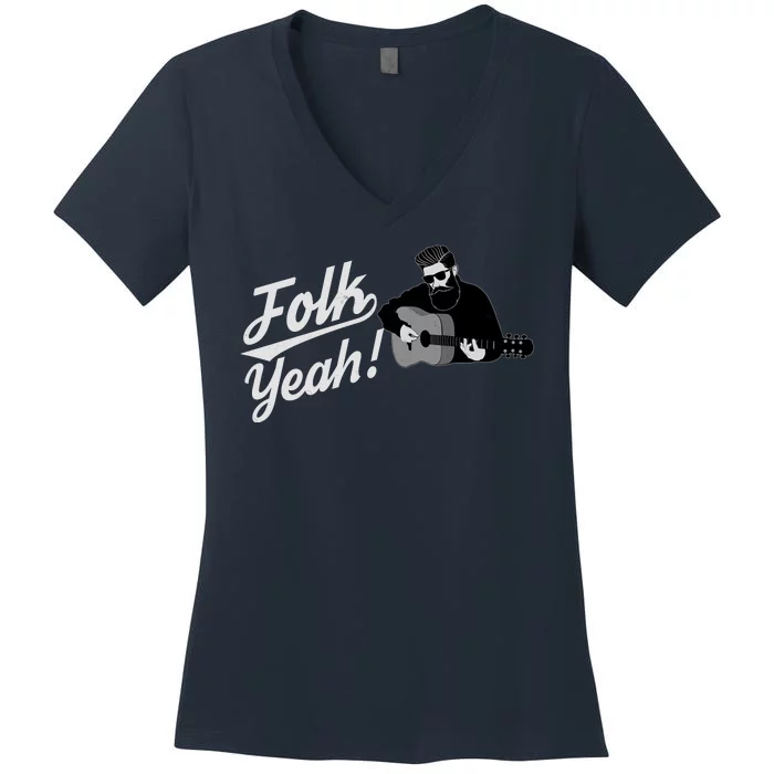 Funny Hipster Folk Yeah! Folk Music Acoustic Guitar Lover Women's V-Neck T-Shirt