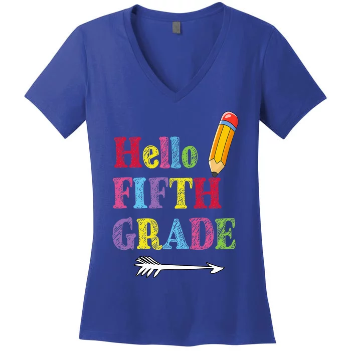 Funny Hello Fifth Grade Funny Back To The School Women's V-Neck T-Shirt