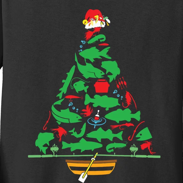 Fun Holiday Fishermans Fishing Christmas Tree Kids Long Sleeve Shirt