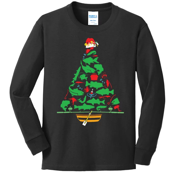 Fun Holiday Fishermans Fishing Christmas Tree Kids Long Sleeve Shirt